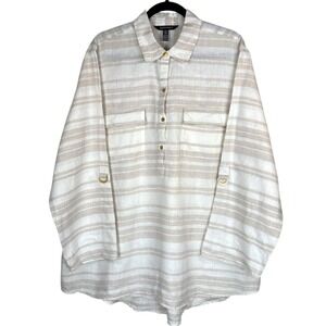 Ellen Tracy Linen Tunic Top Striped Long‎ Sleeve Button Up Shirt 2X Roll Tab